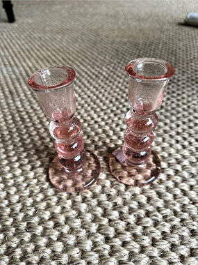 NIB Juliska Provence Candlestick Set/2 Pink Glass Candlesticks